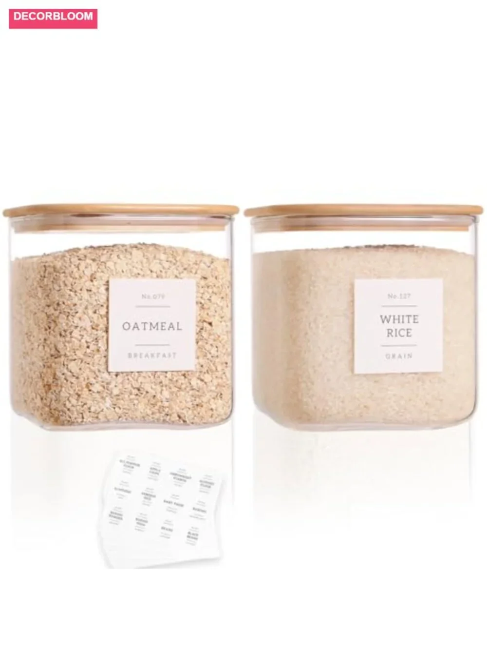 2 PK 85oz Glass Square Food Storage Jars with Bamboo Lids & Labels Airtight